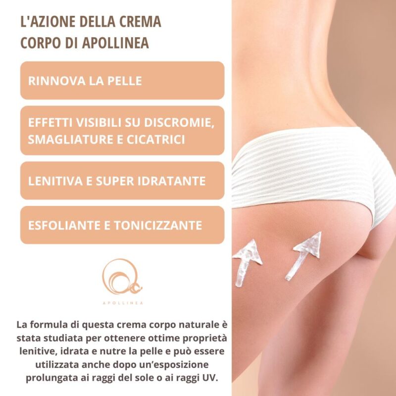 Crema Corpo Naturale con Bava di Lumaca, Latte di Asina e Proteine della seta. 100% Naturale, realizzata da Apollinea, dona effetti visibili su discromie, smagliature e cicatrici