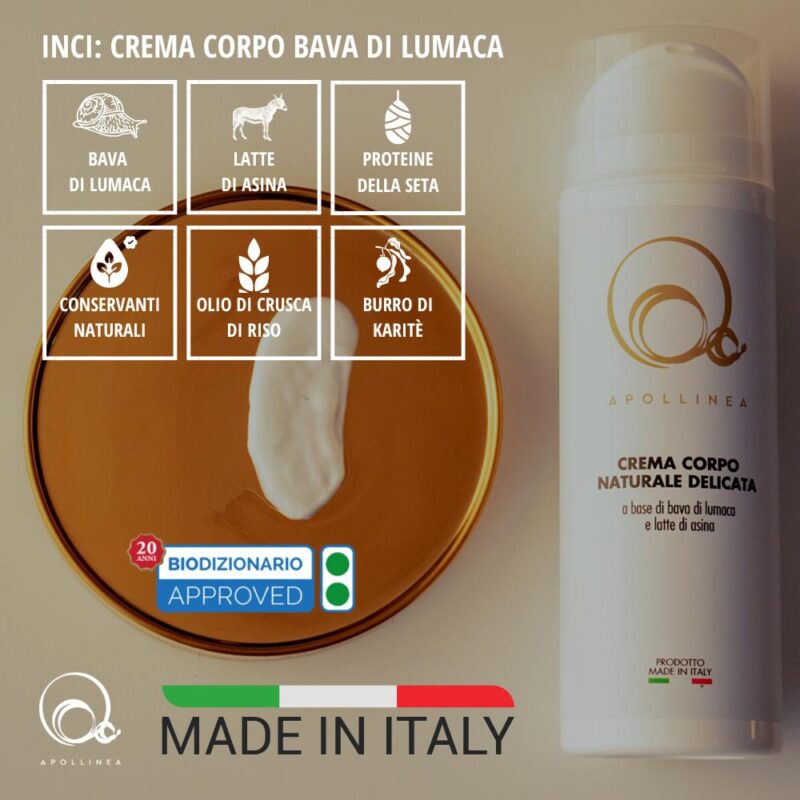 Crema Corpo Naturale con Bava di Lumaca, Latte di Asina e Proteine della seta. 100% Naturale, realizzata da Apollinea, dona effetti visibili su discromie, smagliature e cicatrici