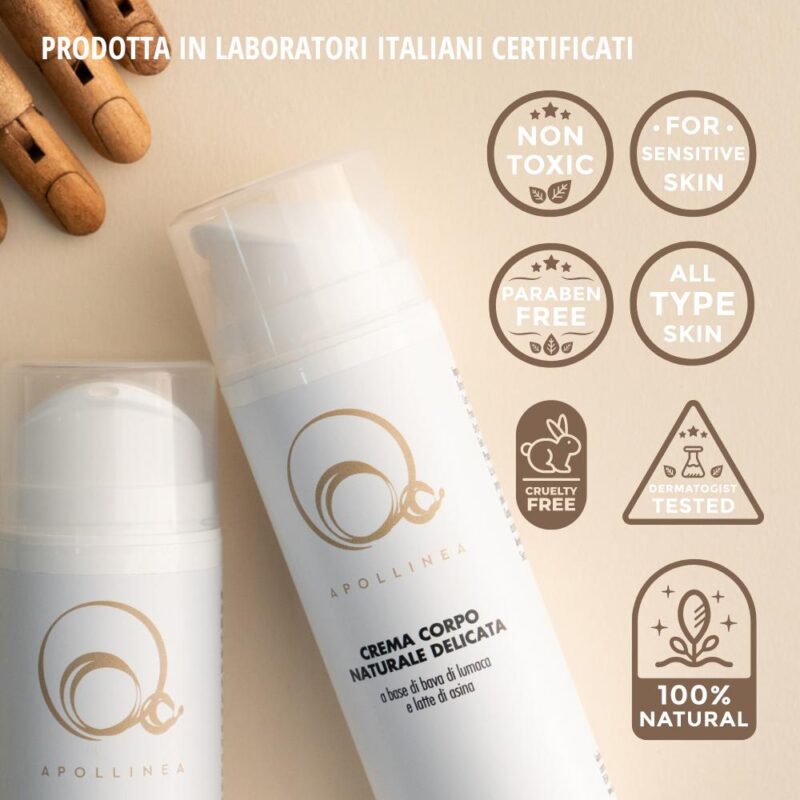 Crema Corpo Naturale con Bava di Lumaca, Latte di Asina e Proteine della seta. 100% Naturale, realizzata da Apollinea, dona effetti visibili su discromie, smagliature e cicatrici