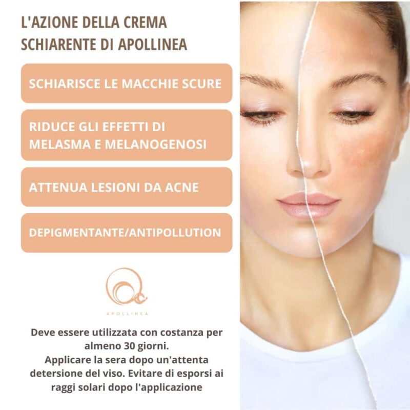 La Crema Schiarente macchie alla bava di lumaca di Apollinea, attenua le macchie scure e previene la comparsa di nuove, impedendo la formazione di accumuli di melanina.