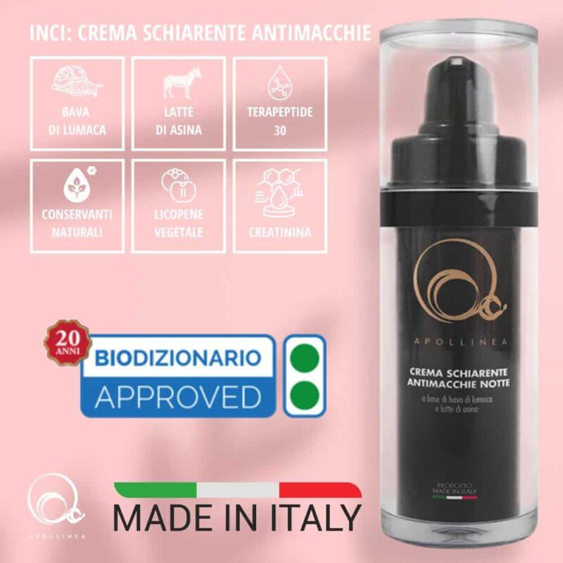 La Crema Schiarente macchie alla bava di lumaca di Apollinea, attenua le macchie scure e previene la comparsa di nuove, impedendo la formazione di accumuli di melanina.