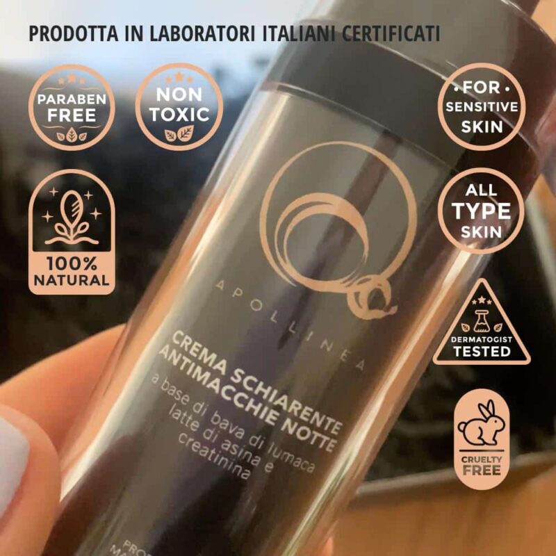 La Crema Schiarente macchie alla bava di lumaca di Apollinea, attenua le macchie scure e previene la comparsa di nuove, impedendo la formazione di accumuli di melanina.