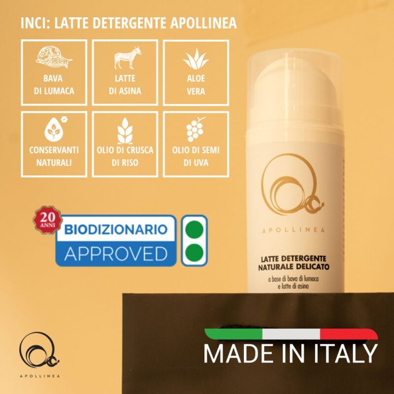 Il Latte Detergente di Apollinea è un prodotto 100% naturale, adatto per pelli sensibili. A base di Aloe Vera, Latte di Asina e Bava di Lumaca