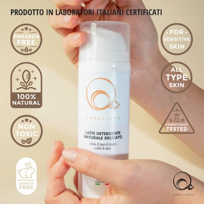 Il Latte Detergente di Apollinea è un prodotto 100% naturale, adatto per pelli sensibili. A base di Aloe Vera, Latte di Asina e Bava di Lumaca