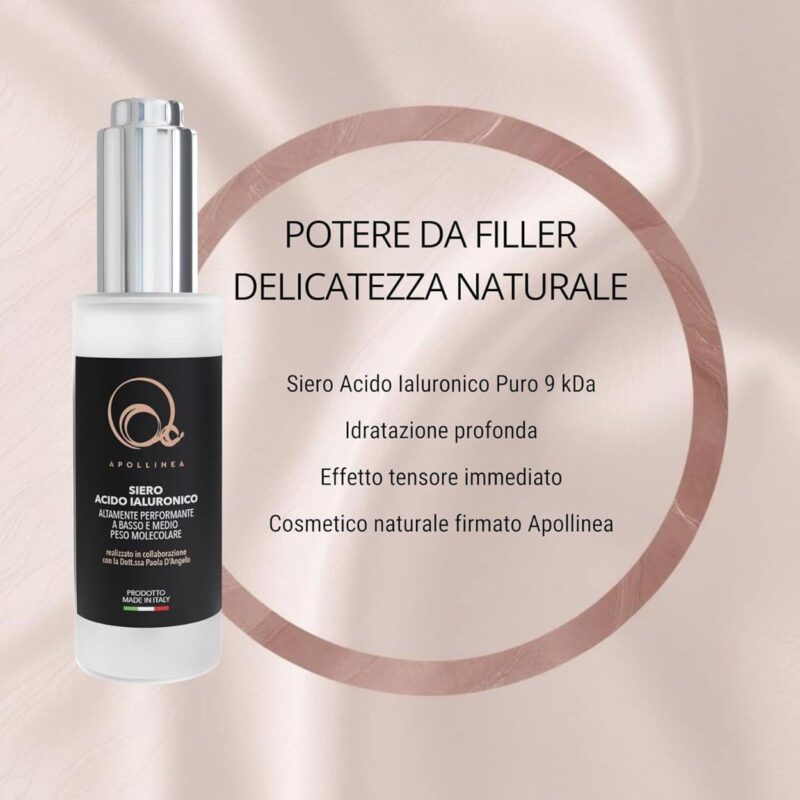 Siero Acido Ialuronico puro basso peso molecolare e medio peso molecolare, altamente performante, un nuovo prodotto puro nella linea di cosmetica naturale anti-age di Apollinea