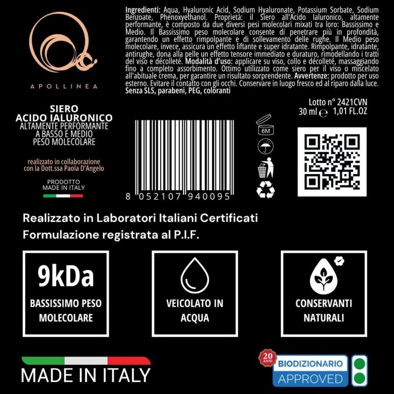 Siero Acido Ialuronico puro basso peso molecolare e medio peso molecolare, altamente performante, un nuovo prodotto puro nella linea di cosmetica naturale anti-age di Apollinea